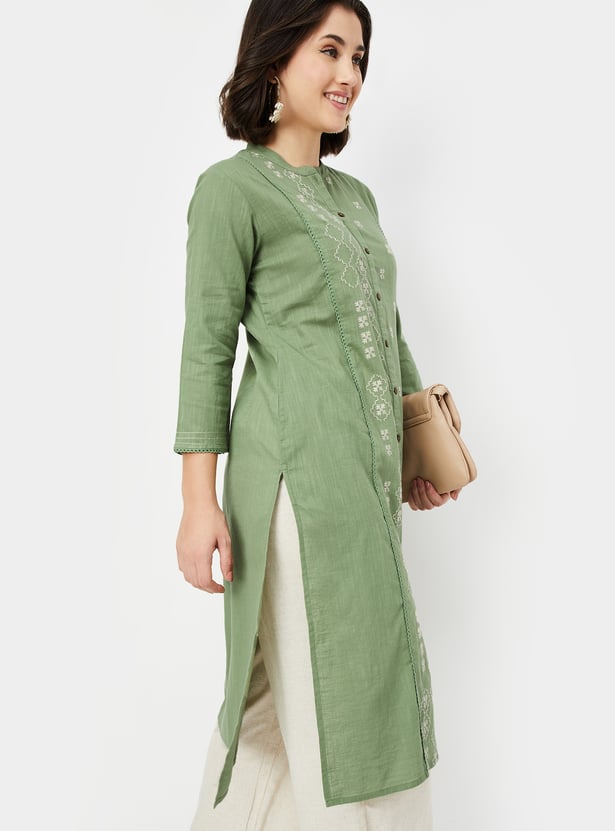 Women's Olive Green Straight Embroidered Kurta