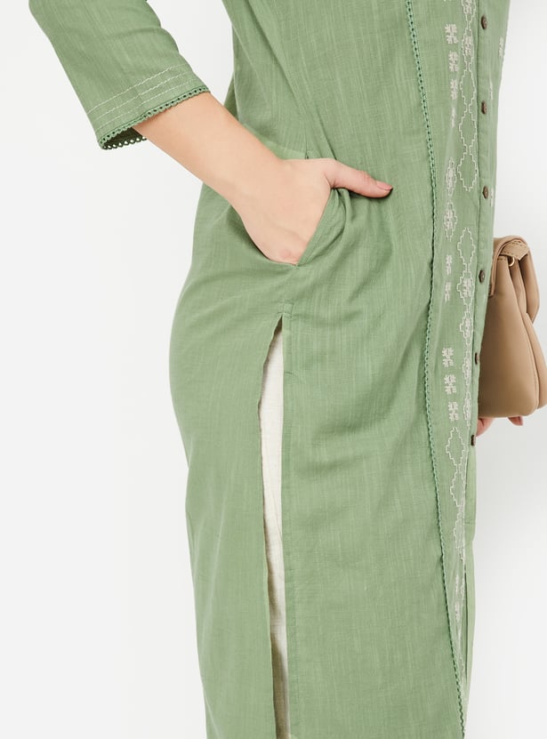 Women's Olive Green Straight Embroidered Kurta