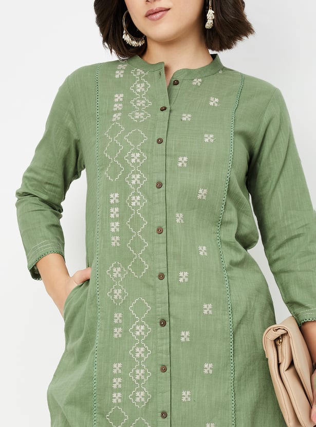 Women's Olive Green Straight Embroidered Kurta