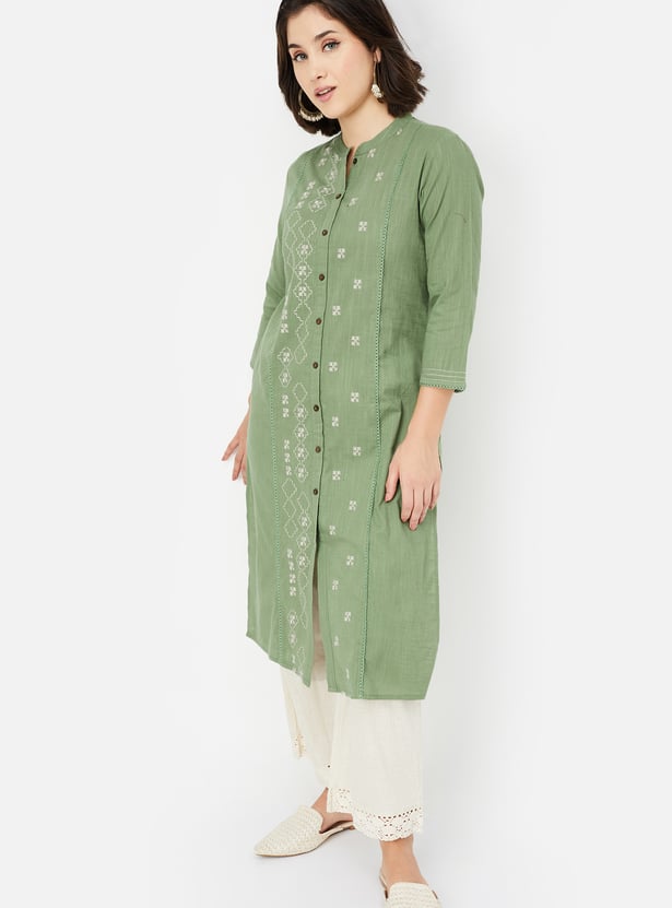 Women's Olive Green Straight Embroidered Kurta