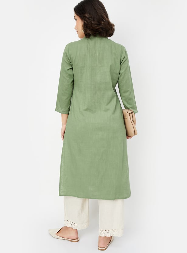Women's Olive Green Straight Embroidered Kurta