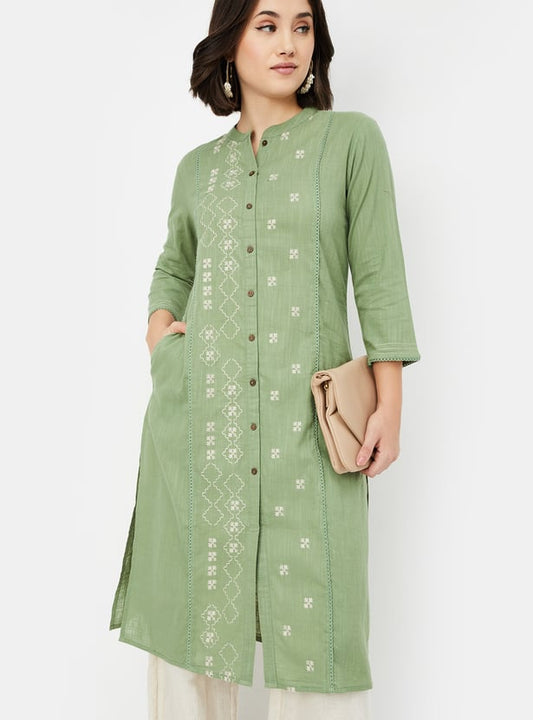 Women's Olive Green Straight Embroidered Kurta