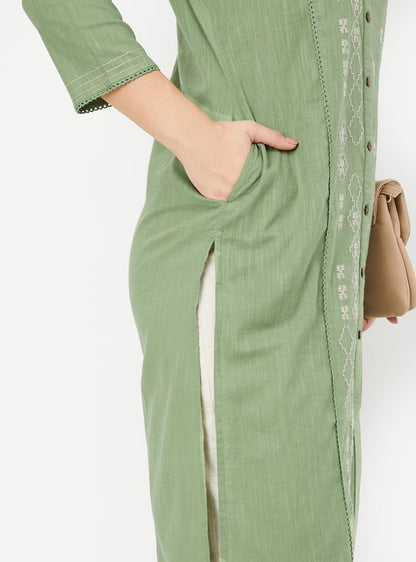 Women's Olive Green Straight Embroidered Kurta